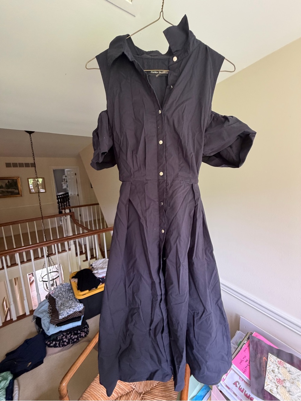 Ivanka Trump Black Cold-Shoulder Button-Front Midi Dress